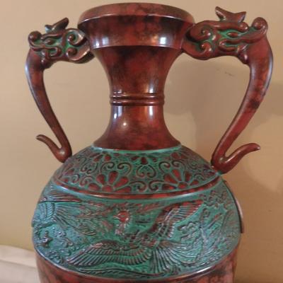 Vintage Toyo Japanese Bronze Finish Vase with Dragon Handles