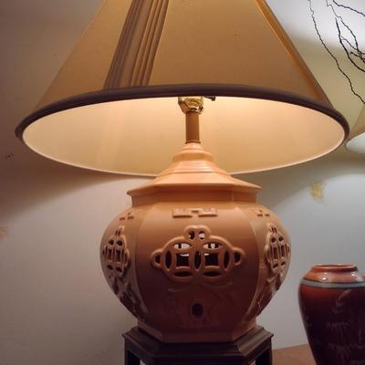 Pair of MCM Design Matching Ceramic Temple Shape Table Lamps