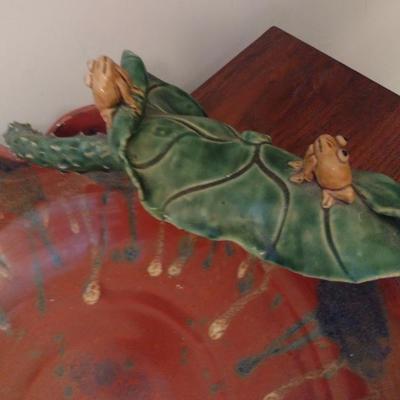 Large Pottery Bowl with Lilly Pad and Frogs Accent