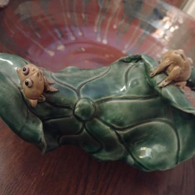 Large Pottery Bowl with Lilly Pad and Frogs Accent