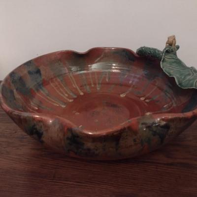 Large Pottery Bowl with Lilly Pad and Frogs Accent
