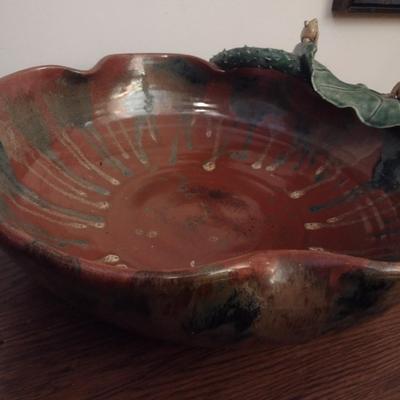 Large Pottery Bowl with Lilly Pad and Frogs Accent