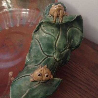 Large Pottery Bowl with Lilly Pad and Frogs Accent