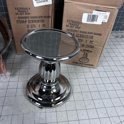 3 Ceramic Mirrored Silver Candle Sticks. 