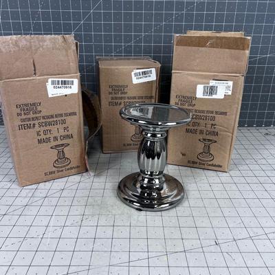 3 Ceramic Mirrored Silver Candle Sticks. 