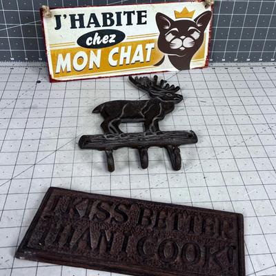 Signs and Coat Rack, Metal tin and Cast Iron 