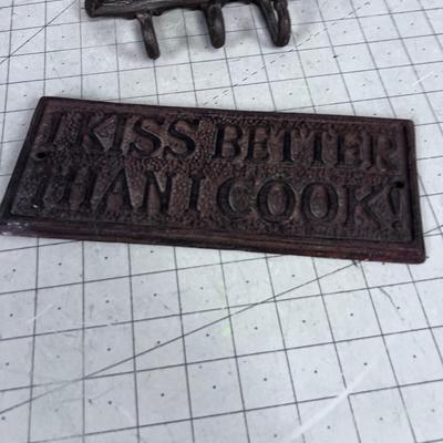Signs and Coat Rack, Metal tin and Cast Iron 