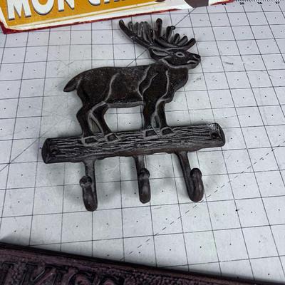 Signs and Coat Rack, Metal tin and Cast Iron 