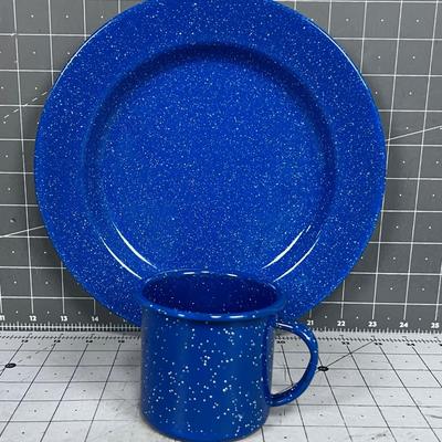 Blue Enamel Ware Cup & Plate 