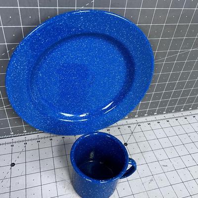 Blue Enamel Ware Cup & Plate 