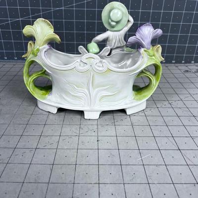 CUTE German Porcelain Planter Dish Fountain with Ducks and Boy 