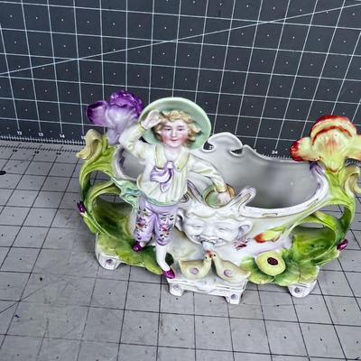 CUTE German Porcelain Planter Dish Fountain with Ducks and Boy 