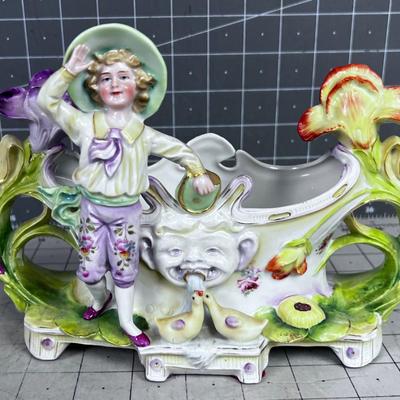 CUTE German Porcelain Planter Dish Fountain with Ducks and Boy 