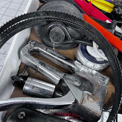 Lot of Work Bench Clean off: Skateboard Trucks, Stapler, Saw Blade