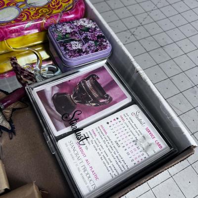 Tray of Misc. Stuff; Decor, Cards, Thread