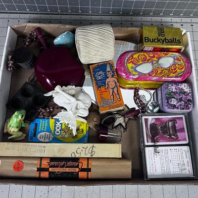 Tray of Misc. Stuff; Decor, Cards, Thread