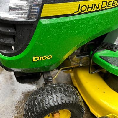 John Deere D100 Lawn Tractor Mower w Bagger Hopper/Chute, Utility Cart, Snow Blade & Weights