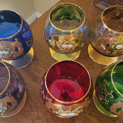 6 Circa 1960s Vintage Bohemian Glass Brandy Snifters, Hand Painted