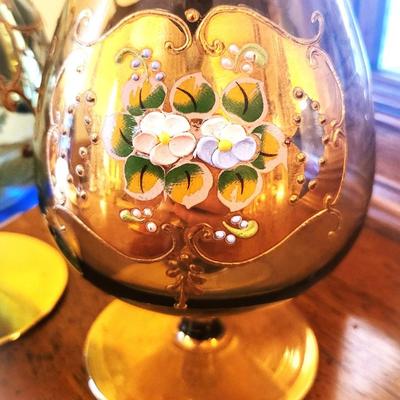 6 Circa 1960s Vintage Bohemian Glass Brandy Snifters, Hand Painted