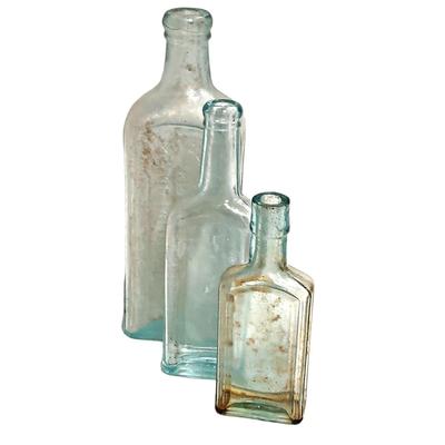 3 Antique Aqua Glass Cork Top Bottles