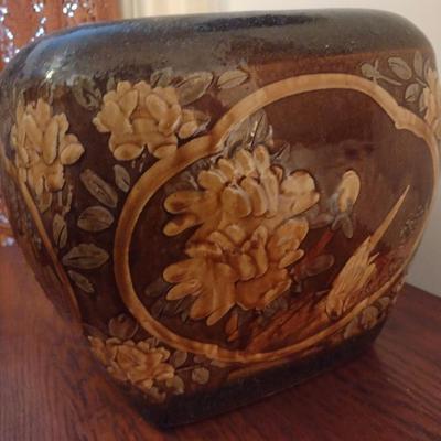 Stoneware Pottery Four Panel Ornate Plant Pot