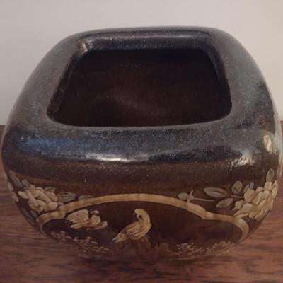 Stoneware Pottery Four Panel Ornate Plant Pot