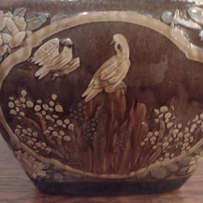 Stoneware Pottery Four Panel Ornate Plant Pot