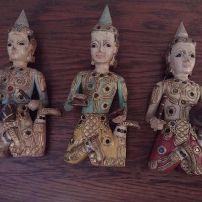 Set of Three Wood Carved Thai Indonesian Musician Figurines