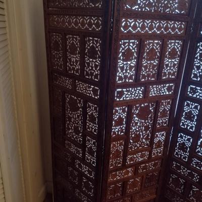 Vintage Teak Carved Wood Four Panel Room Divider