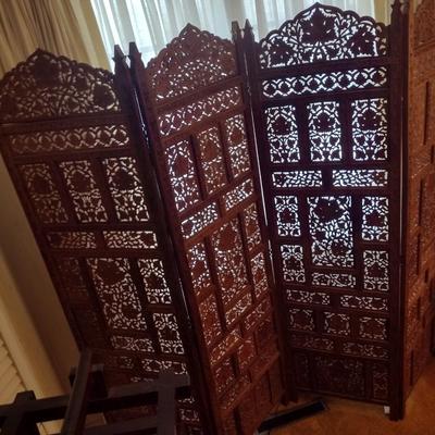 Vintage Teak Carved Wood Four Panel Room Divider