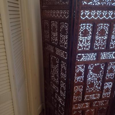 Vintage Teak Carved Wood Four Panel Room Divider