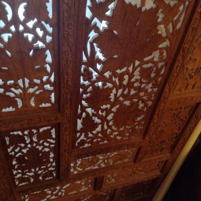 Vintage Teak Carved Wood Four Panel Room Divider