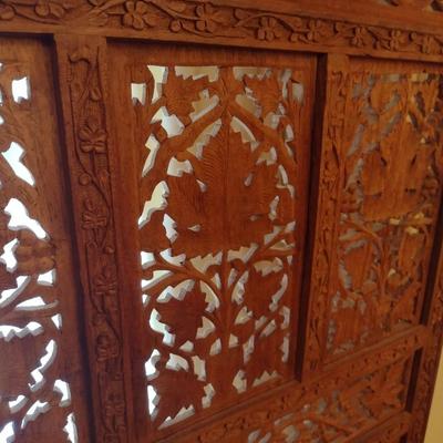 Vintage Teak Carved Wood Four Panel Room Divider