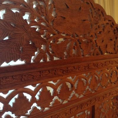 Vintage Teak Carved Wood Four Panel Room Divider