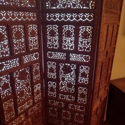 Vintage Teak Carved Wood Four Panel Room Divider