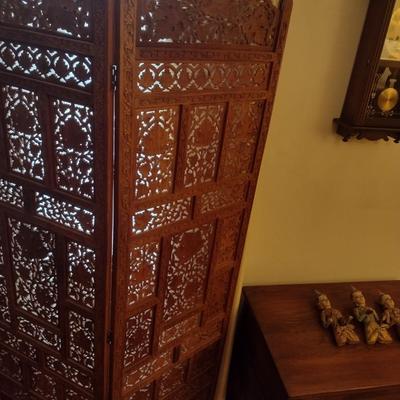 Vintage Teak Carved Wood Four Panel Room Divider