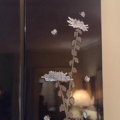 Pair of Black Lacquer Panel Mother of Pearl Inlay Asian Influence Wall Decor