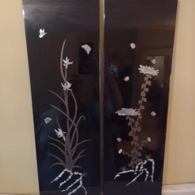 Pair of Black Lacquer Panel Mother of Pearl Inlay Asian Influence Wall Decor