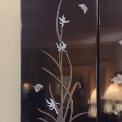 Pair of Black Lacquer Panel Mother of Pearl Inlay Asian Influence Wall Decor