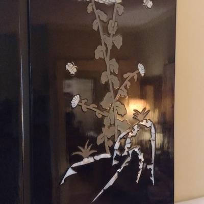 Pair of Black Lacquer Panel Mother of Pearl Inlay Asian Influence Wall Decor