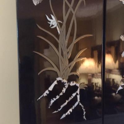 Pair of Black Lacquer Panel Mother of Pearl Inlay Asian Influence Wall Decor