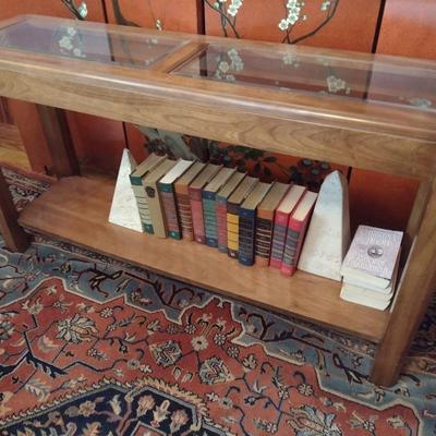 Oak Wood Sofa Table with Glass Insert Top (No Contents)