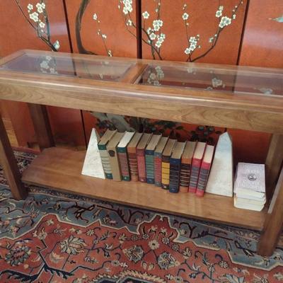 Oak Wood Sofa Table with Glass Insert Top (No Contents)