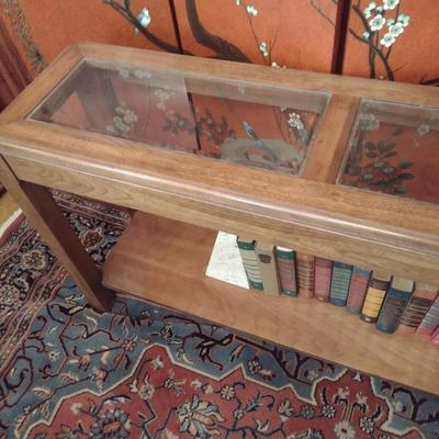 Oak Wood Sofa Table with Glass Insert Top (No Contents)