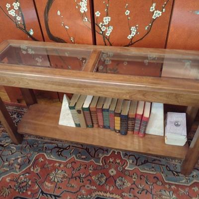 Oak Wood Sofa Table with Glass Insert Top (No Contents)