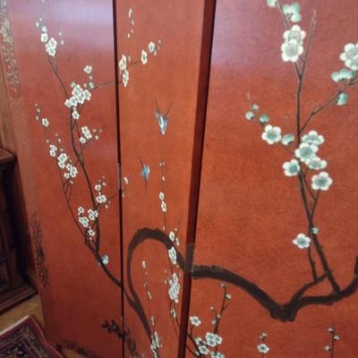 Red Lacquer Base Hand Painted Asian Influence Four Panel Room Divider