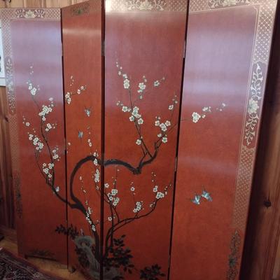 Red Lacquer Base Hand Painted Asian Influence Four Panel Room Divider
