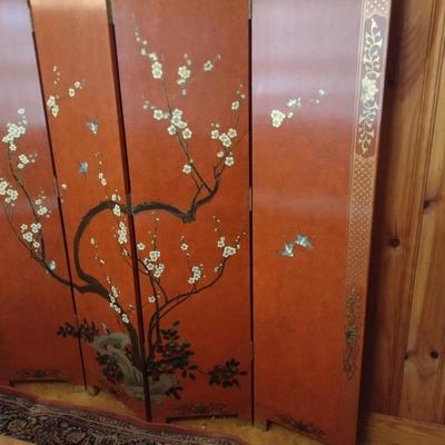 Red Lacquer Base Hand Painted Asian Influence Four Panel Room Divider
