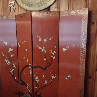 Red Lacquer Base Hand Painted Asian Influence Four Panel Room Divider
