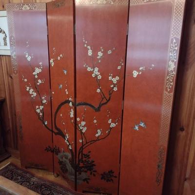 Red Lacquer Base Hand Painted Asian Influence Four Panel Room Divider